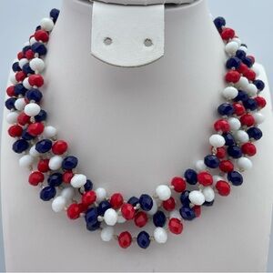 Hand-Knotted Red White Blue Glass Beaded Necklace 62” Long